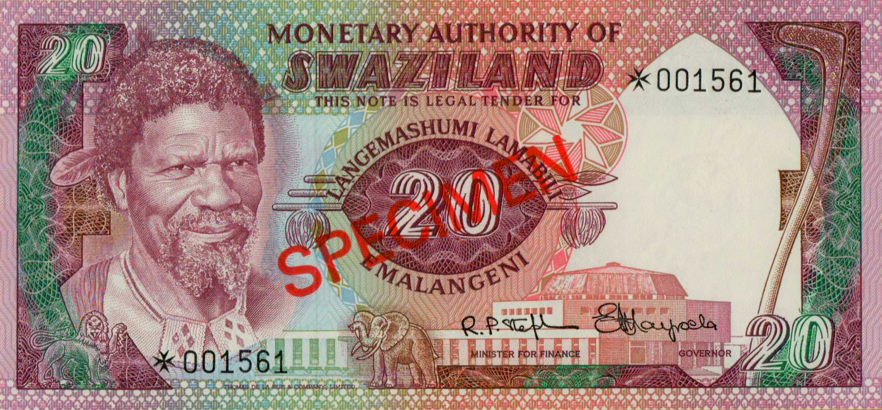 Swaziland 20 1974 UNC P-5/s [SPECIMEN]